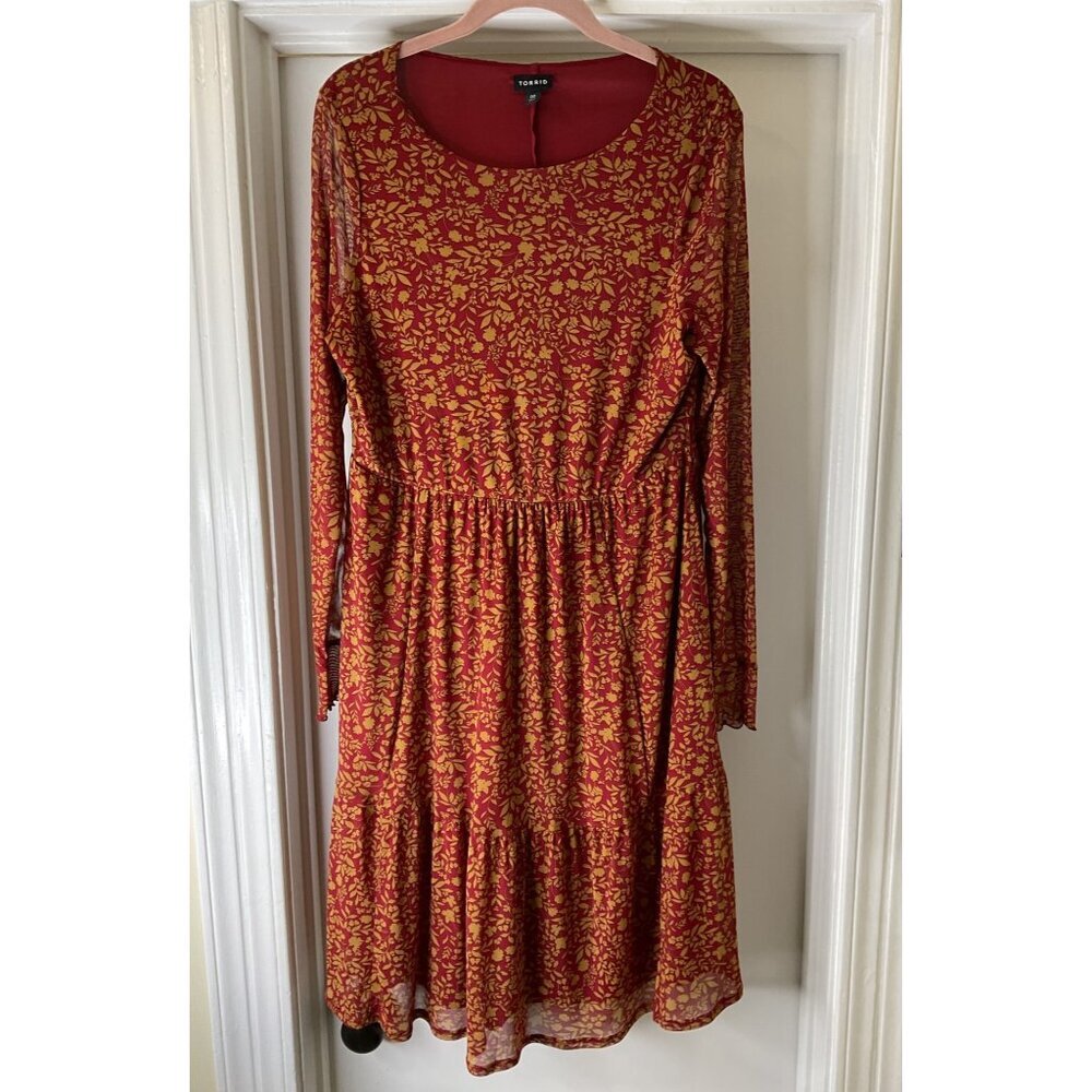 Torrid Size 00 Red Tan Floral Mesh Sleeve Midi Dress Lined Grunge 90s Style